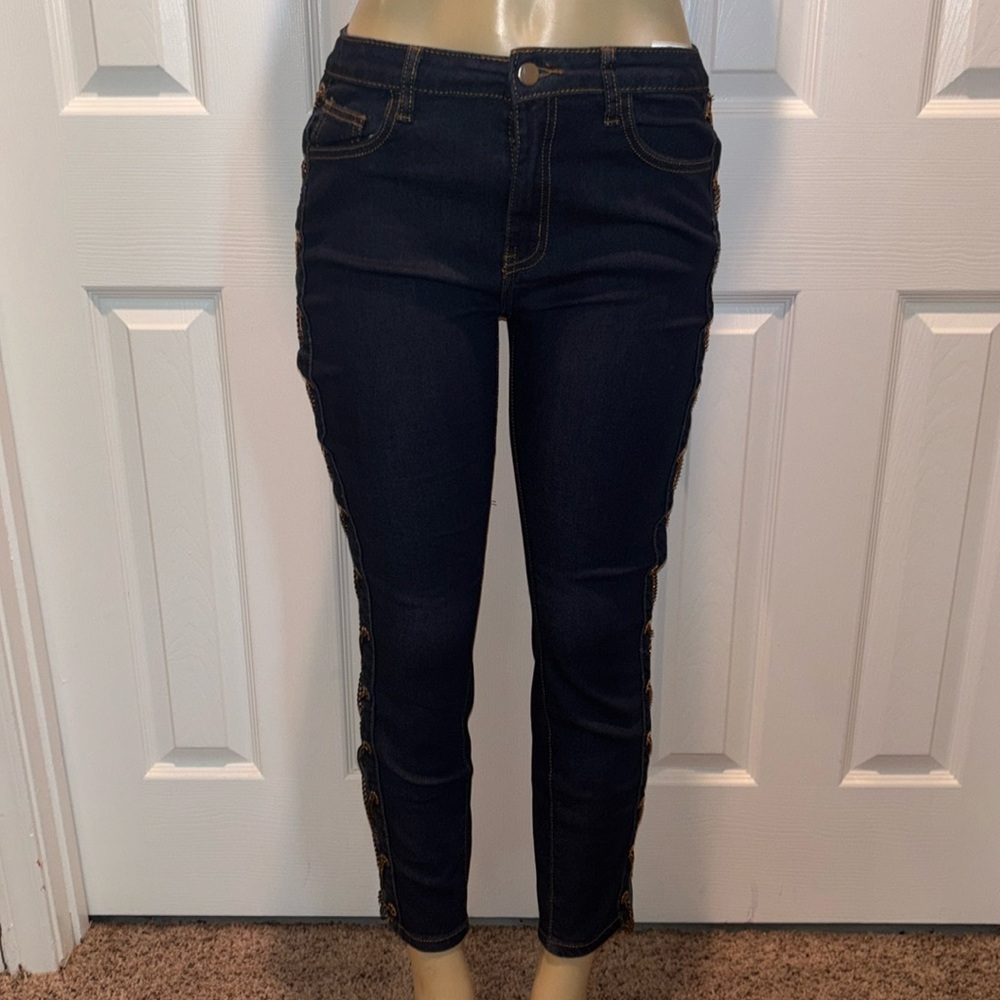 Fashion Nova Dark Blue Chain Lace-Up Jeans - Picture 2 of 6